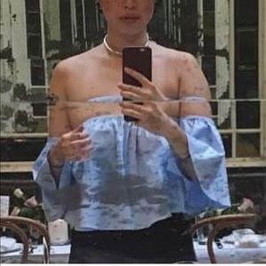 Zara ruffle top off shoulder poplin sky blue m